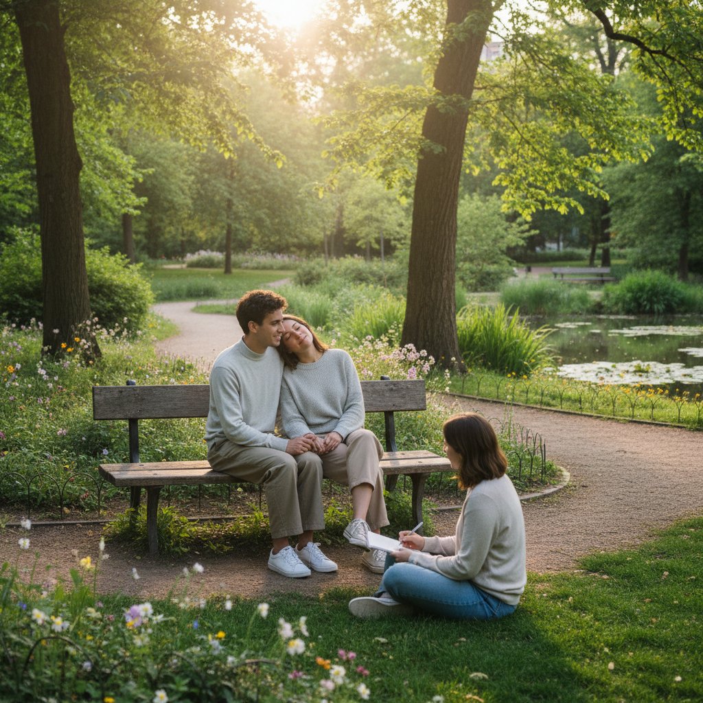 Grupa przyjaciół odpoczywająca w parku, symbolizująca wsparcie i znaczenie środowiska w regeneracji psychicznej