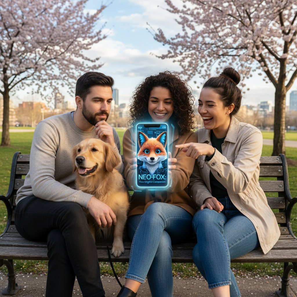 Para przyjaciół na ławce w parku rozmawia ze smartfonem, AI jako dyskretny towarzysz w tle