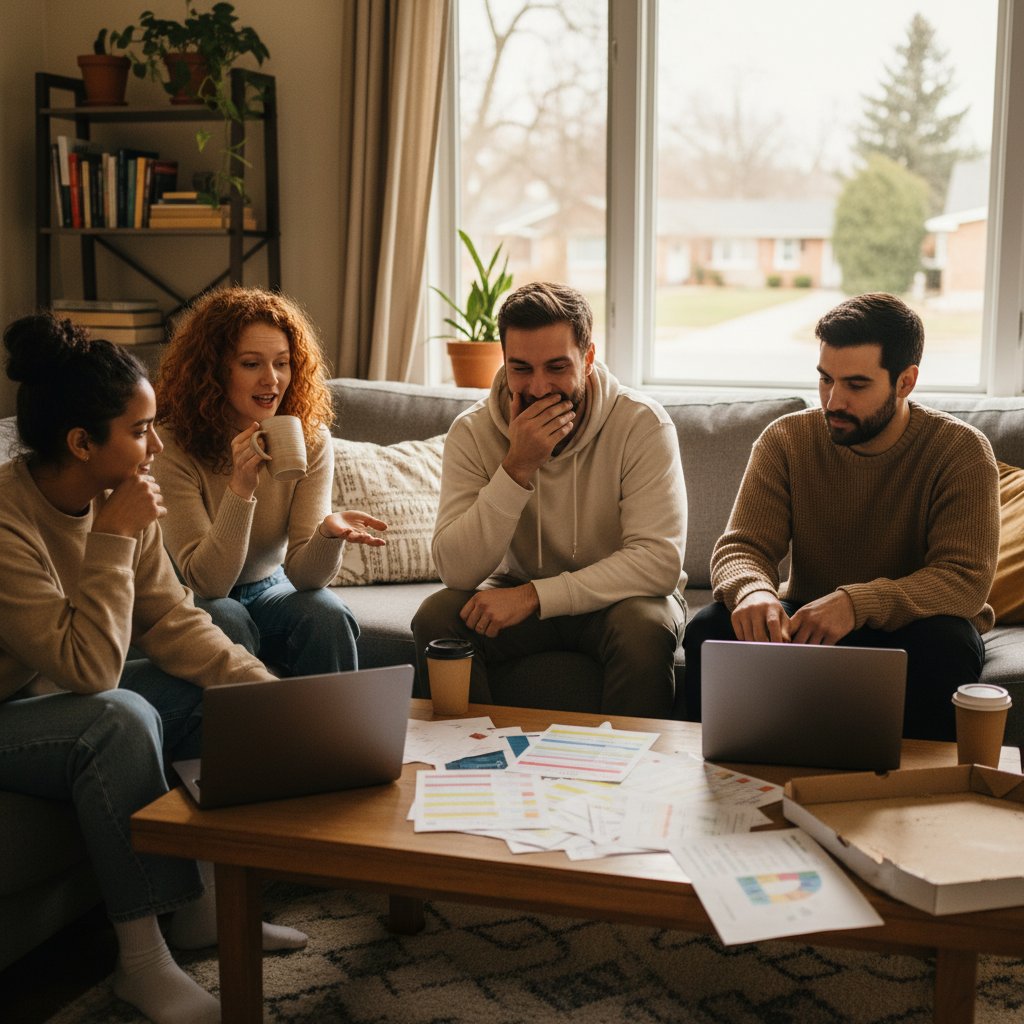 Para przyjaciół wykonujących test osobowości przez smartfon w domu