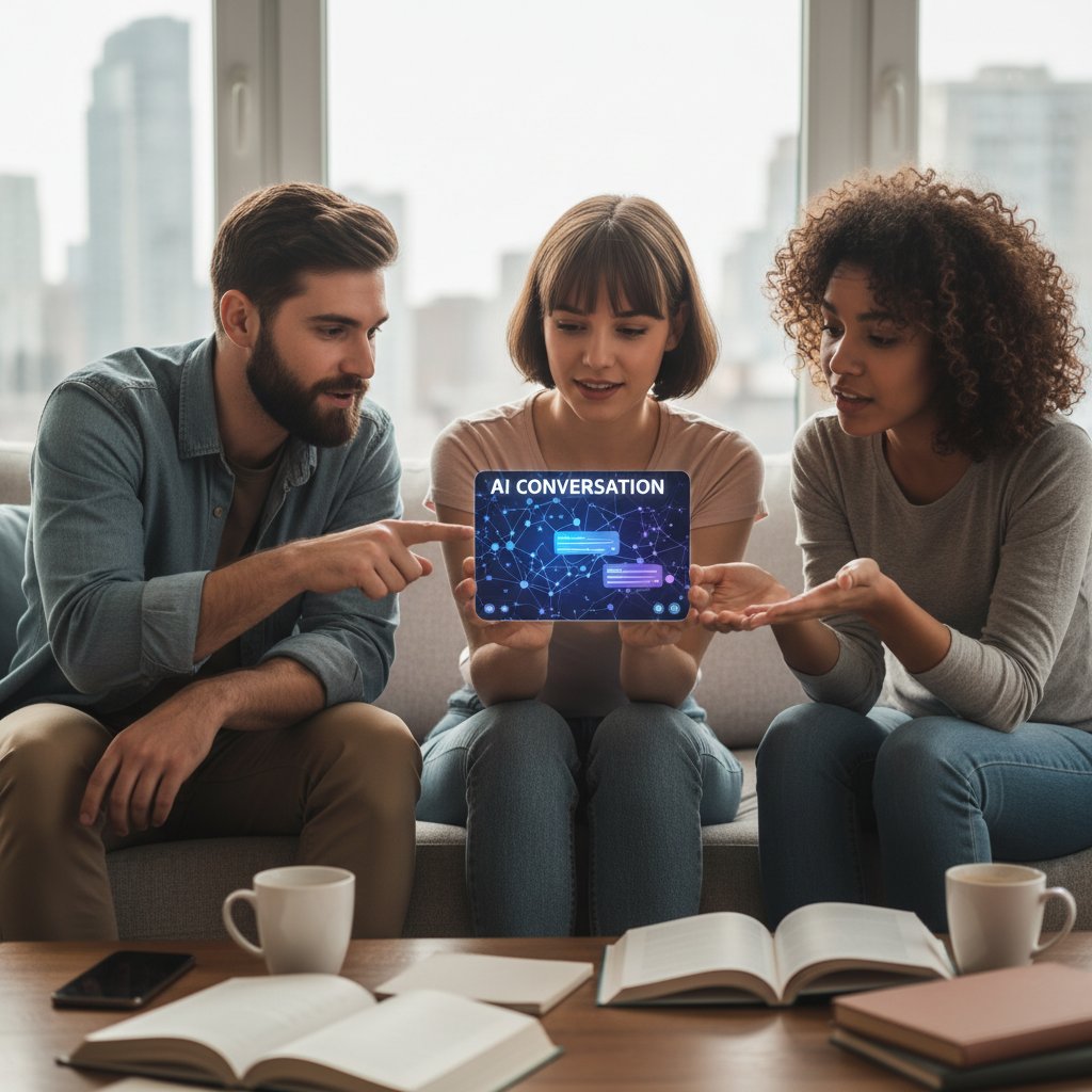Grupa przyjaciół rozmawiająca przez telefon z AI – AI jako część codziennej komunikacji
