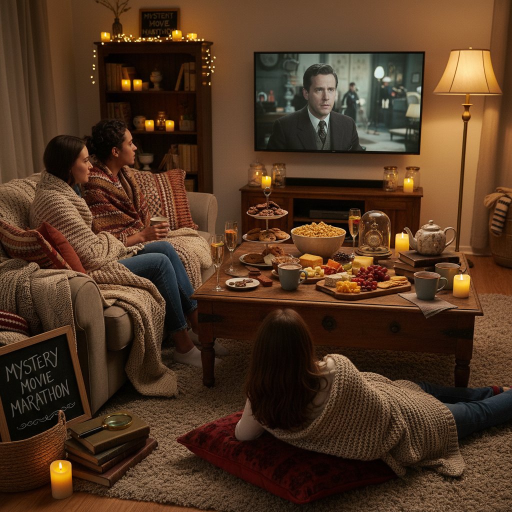 Group of friends gathering snacks, cozy decor, and a lineup of cozy mystery movies for a marathon
