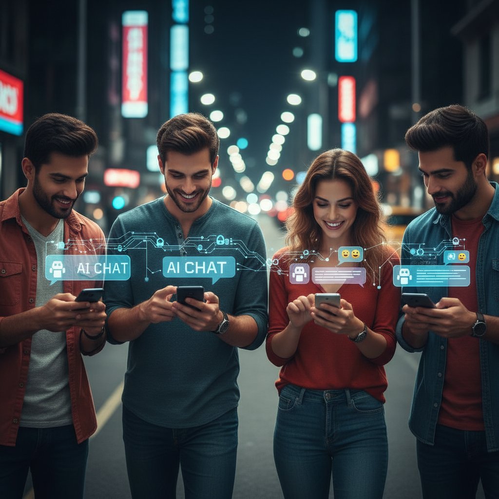 Grupa przyjaciół z telefonami na ulicy nocą, ekran z czatem AI – współczesna cyfrowa bliskość