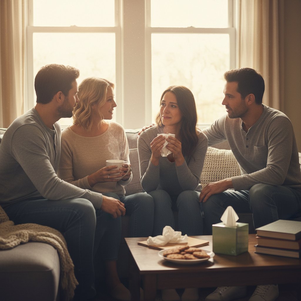 Dwoje przyjaciół siedzących blisko siebie, jeden słucha drugiego ze współczuciem