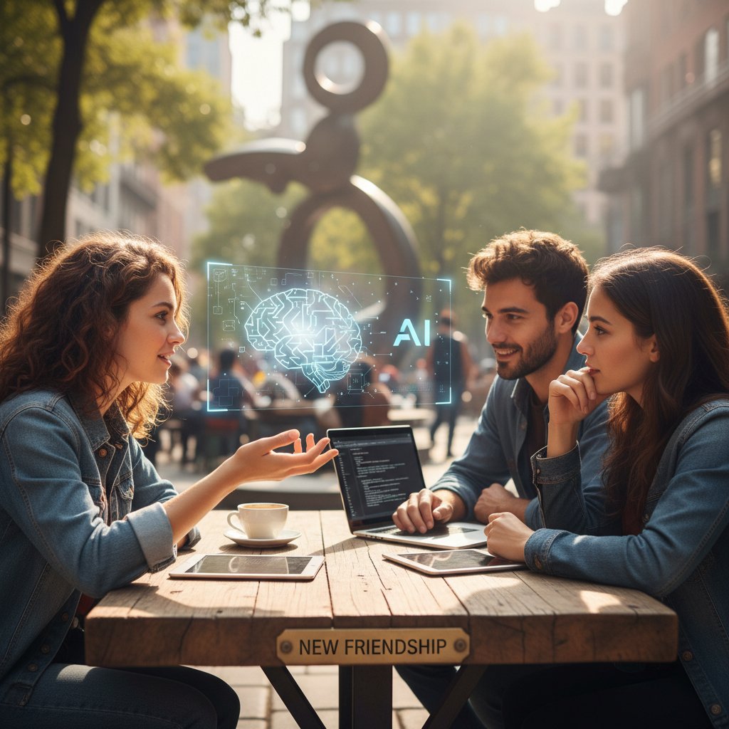 Para przyjaciół rozmawiających przez telefon z AI, obrazująca nowy wymiar przyjaźni