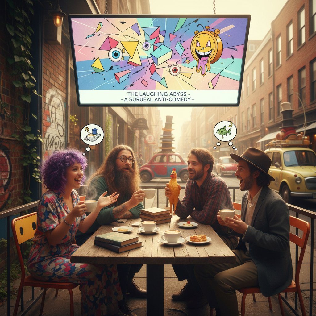 Group of people animatedly discussing an abstract comedy in a café setting, friends discussing surreal movie