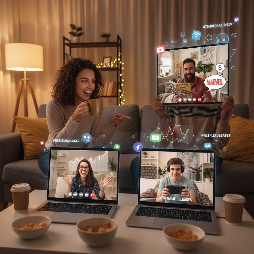 Zdjęcie grupy znajomych wirtualnie rozmawiających wieczorem, popularne tematy rozmów