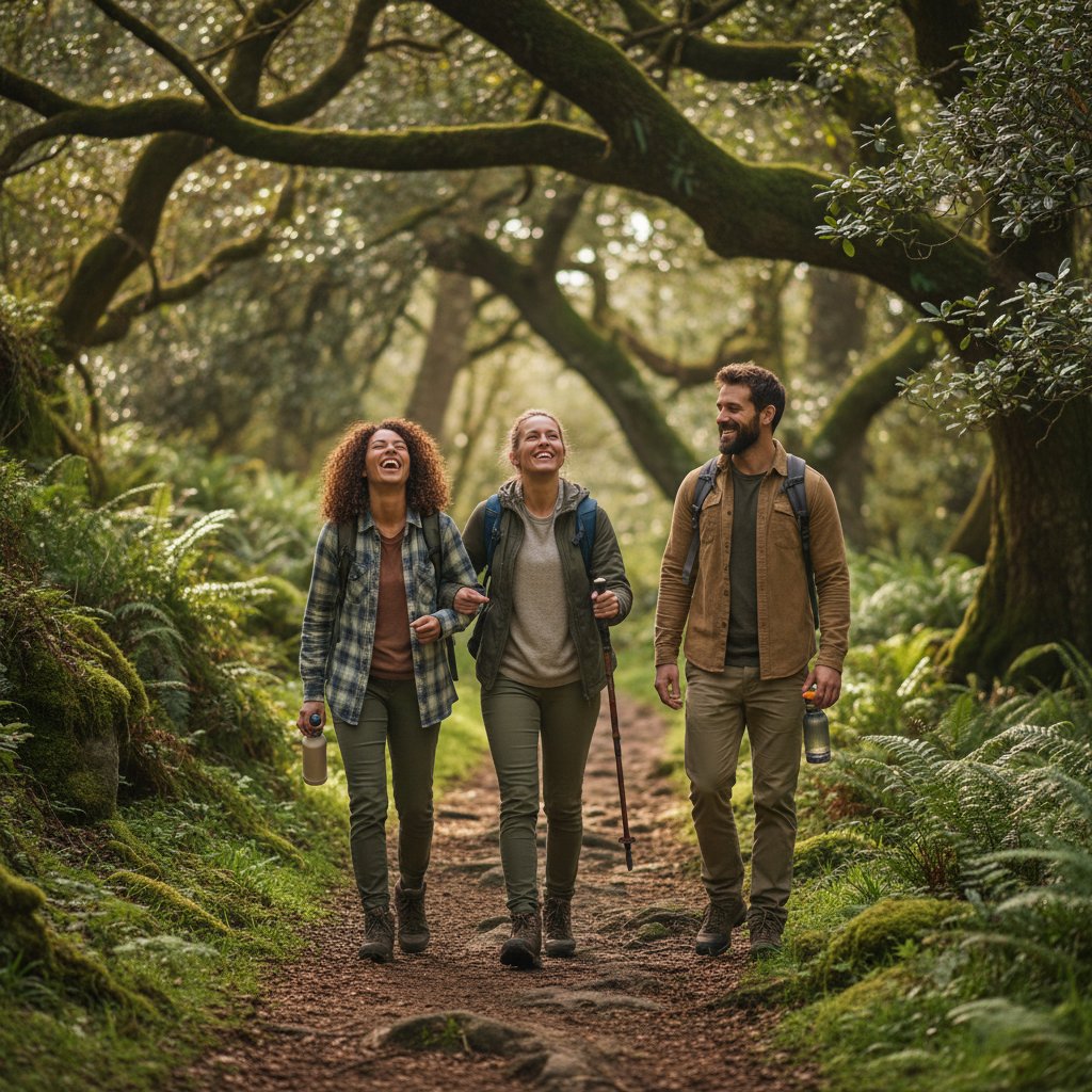 Grupa przyjaciół na spacerze w lesie, śmiech, relaks, kontakt z naturą – autentyczność i spokój.