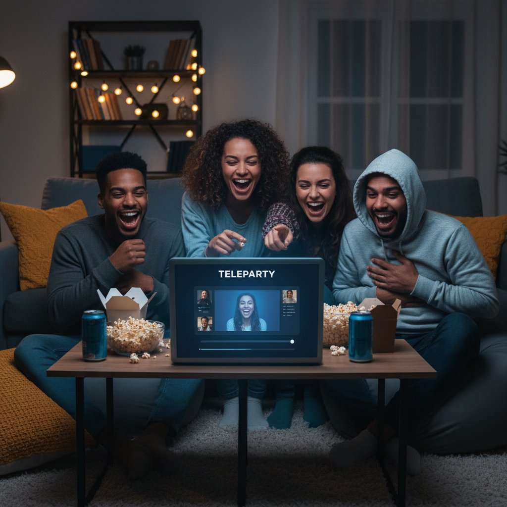 Znajomi śmieją się razem podczas oglądania filmu online przez Teleparty