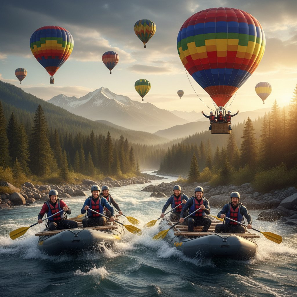 Przyjaciele podczas wspólnej przygody, na przykład raftingu lub lotu balonem