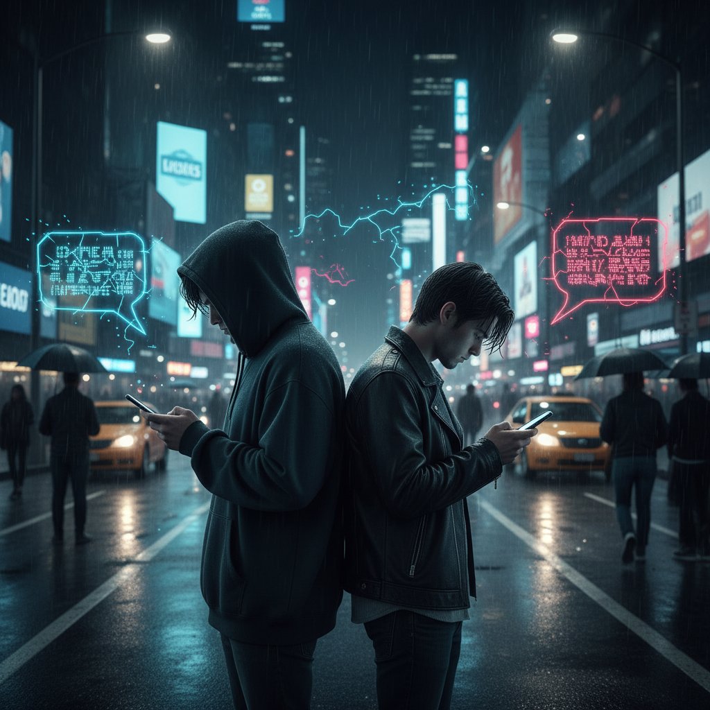 Two friends back to back with phones, city night scene, reflecting on argument and communication breakdown