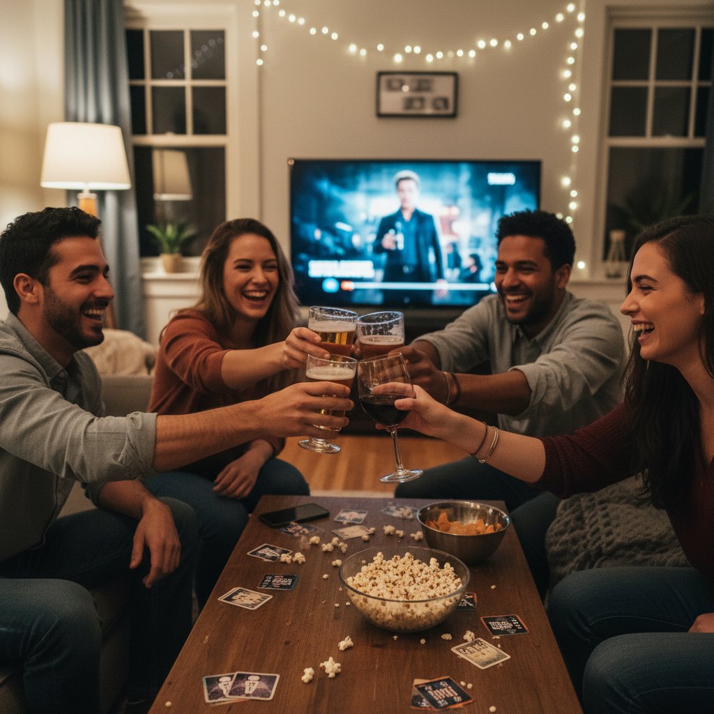 Friends bonding over a movie drinking game, clinking glasses, smiles and connection in focus