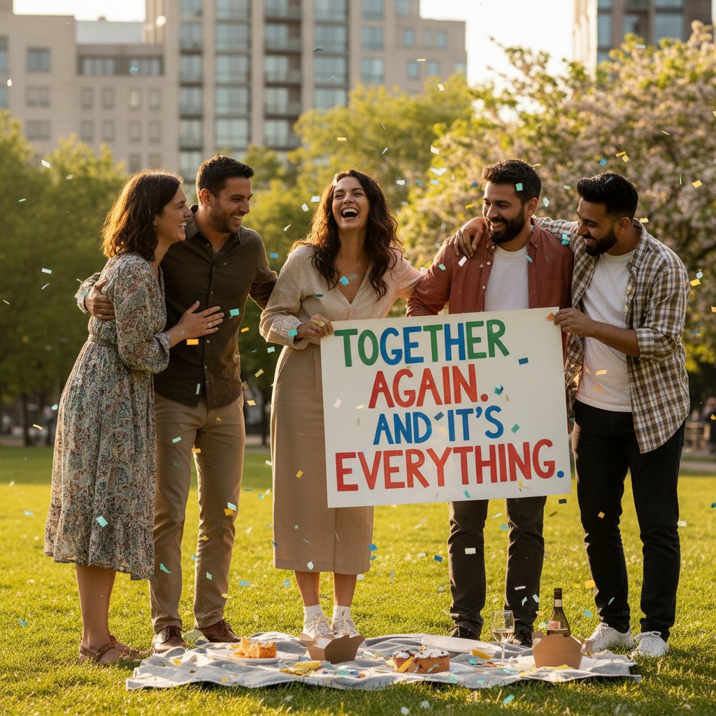 Przyjaciele świętują wspólnie po pandemii, podkreślając znaczenie relacji