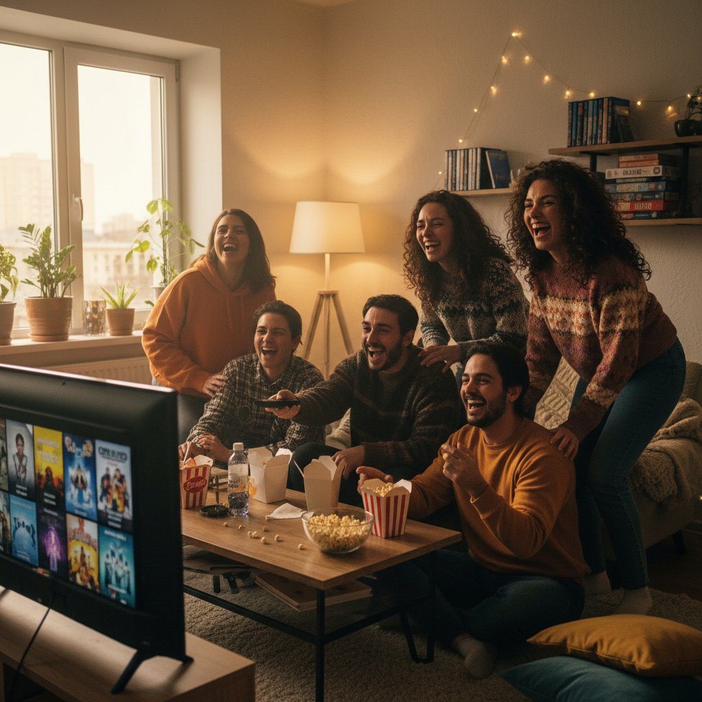 Friends choosing a movie, laughing and debating, living room with popcorn, diverse group, mood-based selection