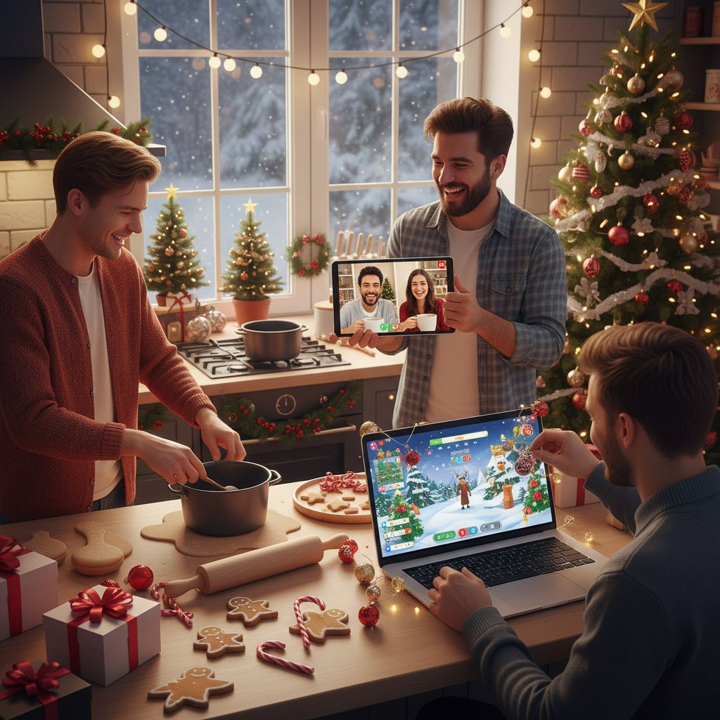 Grupa przyjaciół gotująca świąteczne dania online, laptopy i świąteczne dekoracje