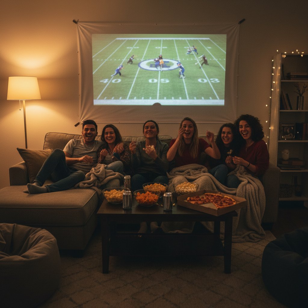Group of friends watching football movie at home, cheering with snacks