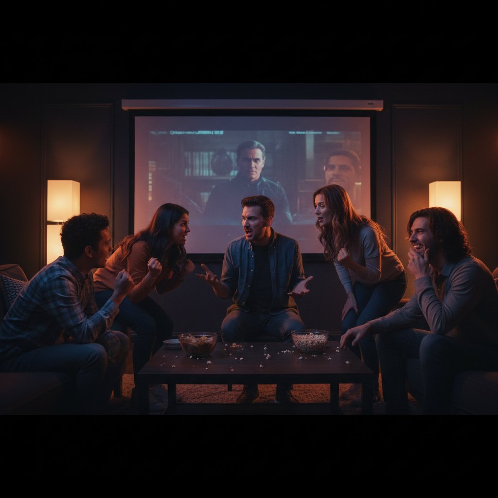 Friends debating after a home screening, dramatic lighting, vibrant emotions