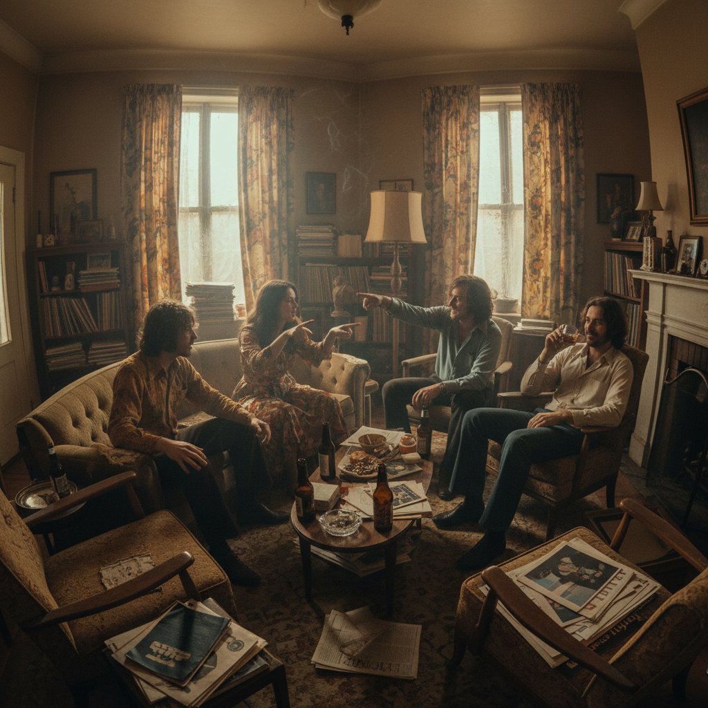 Screenshot-style photo of friends heatedly debating a controversial PTA film around a TV, living room, 16:9