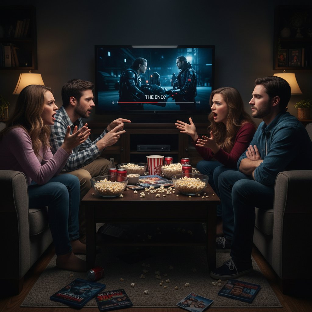 Group discussing a controversial movie ending, friends mid-argument around a table with popcorn and drinks