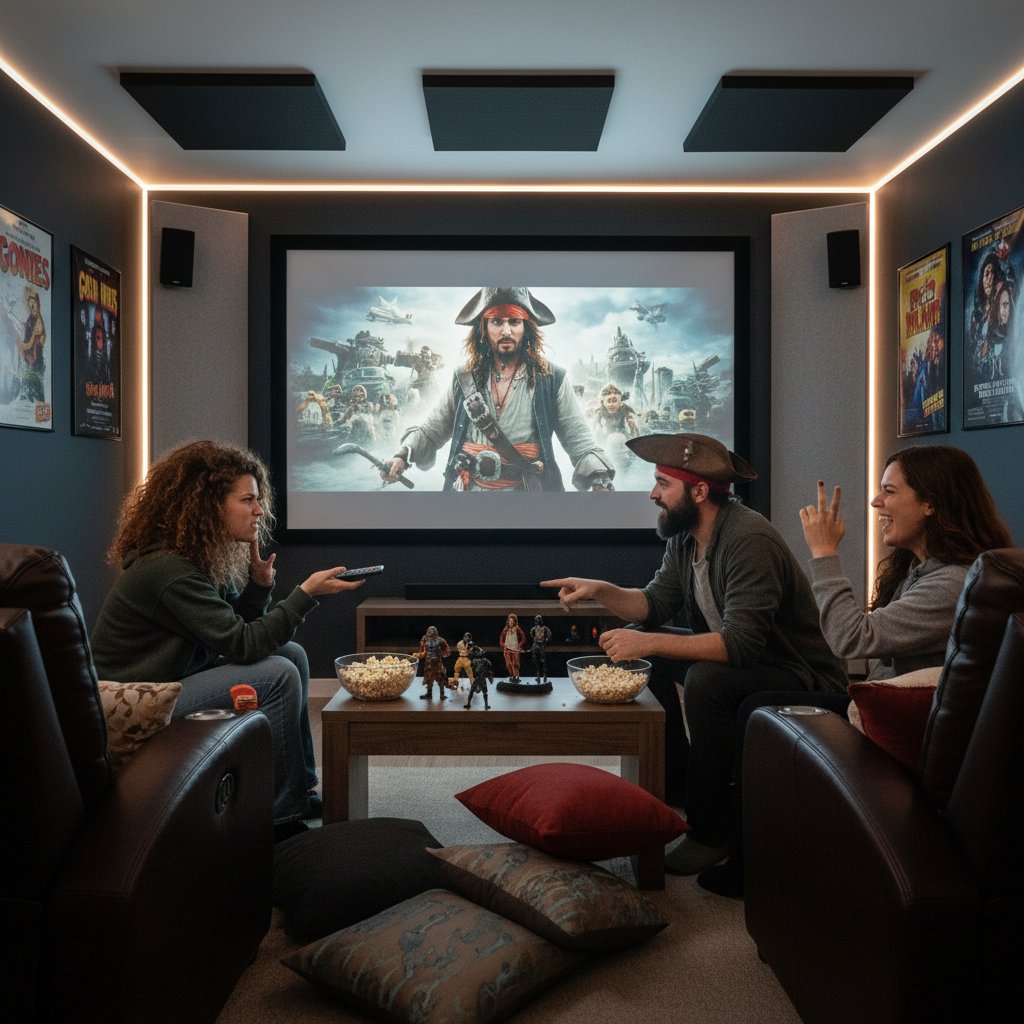 Friends debating pirate movies at home theater for the perfect pirate movie night