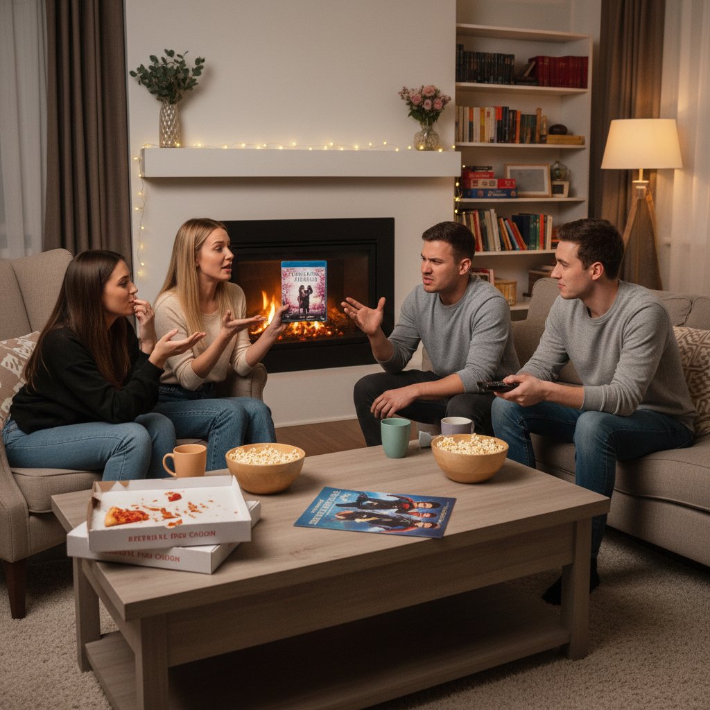 Group choosing romantic movie together in a cozy living room