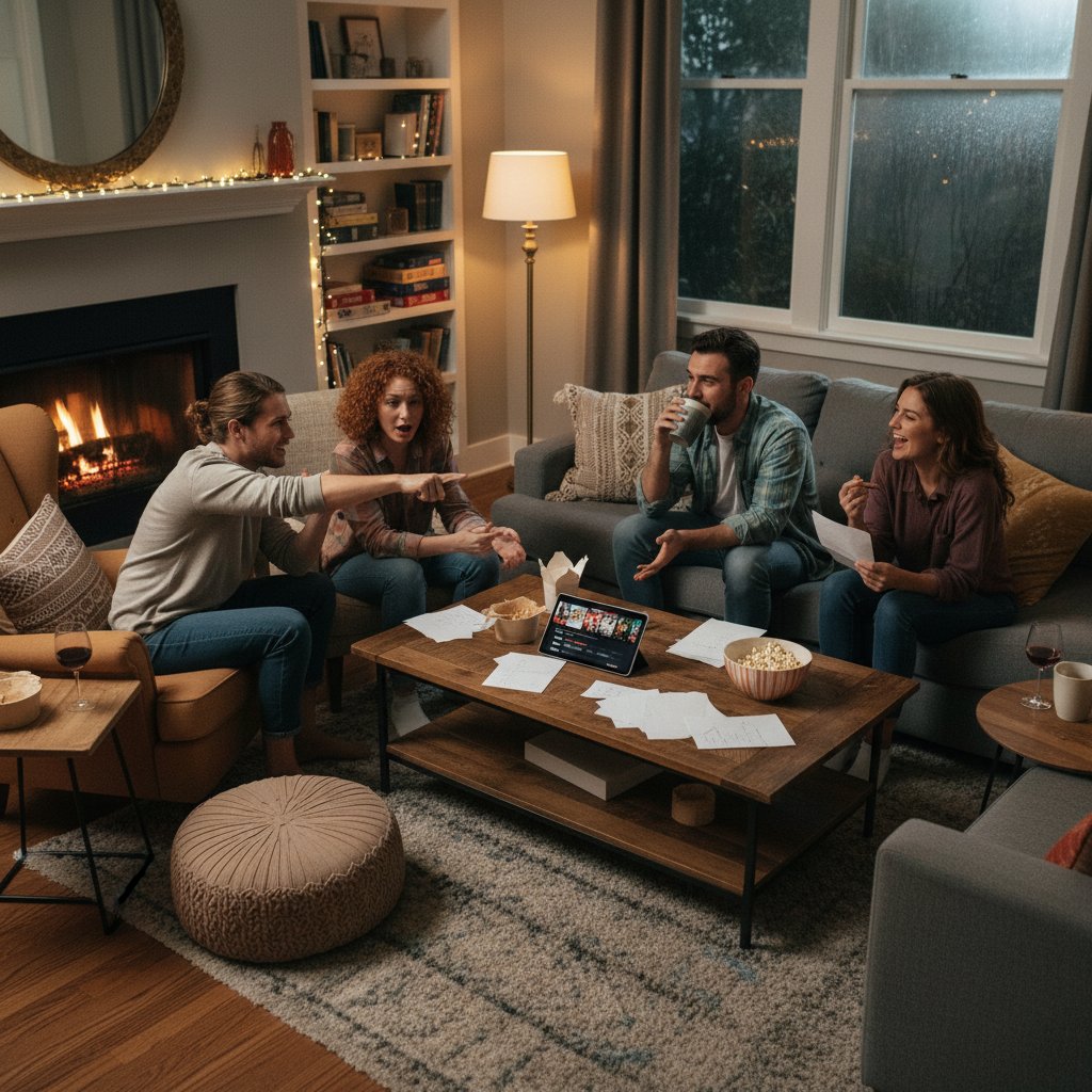 Friends choosing a paranormal comedy movie, candid shot in cozy living room