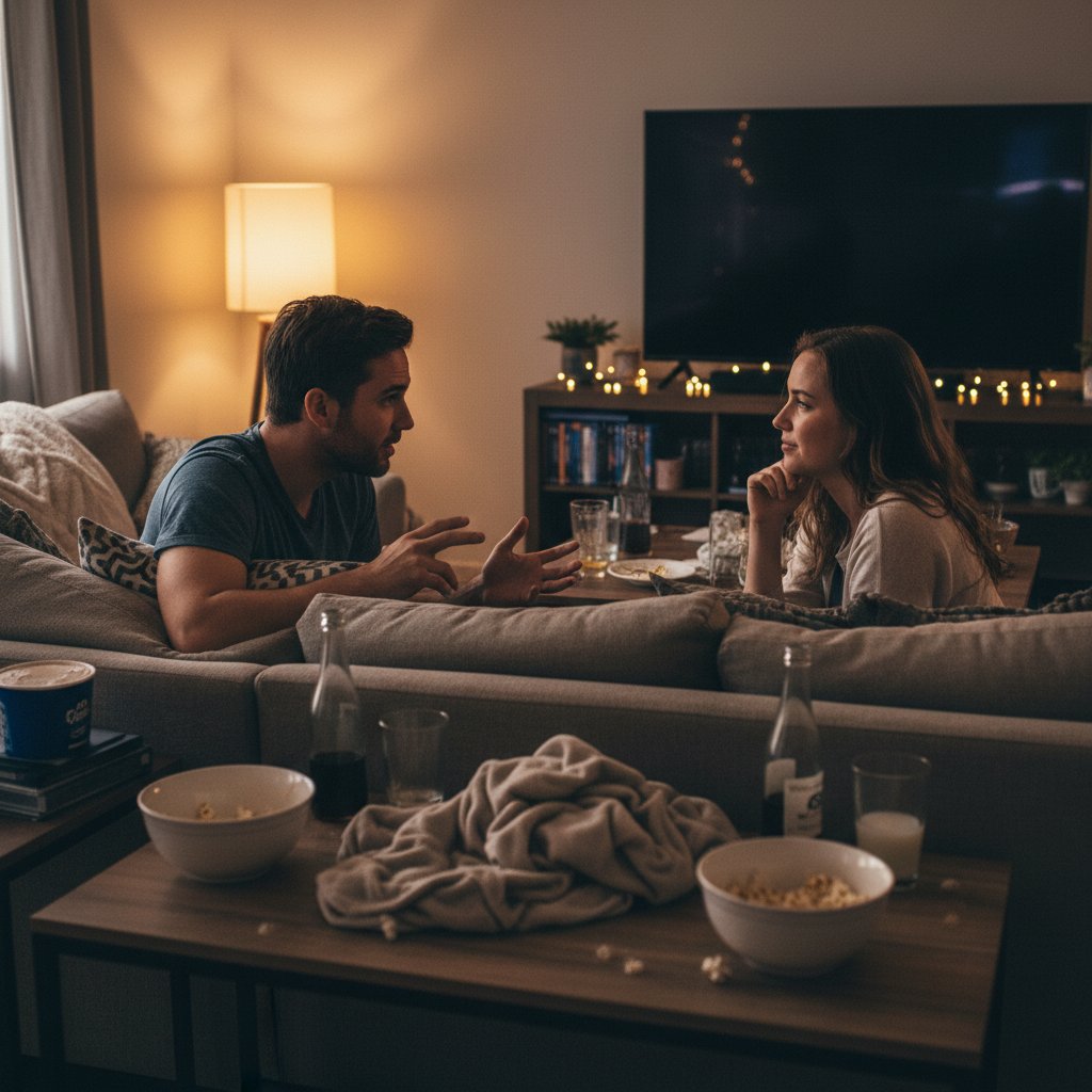 Friends in deep discussion post-movie, empty snack bowls and glasses, bonding over film
