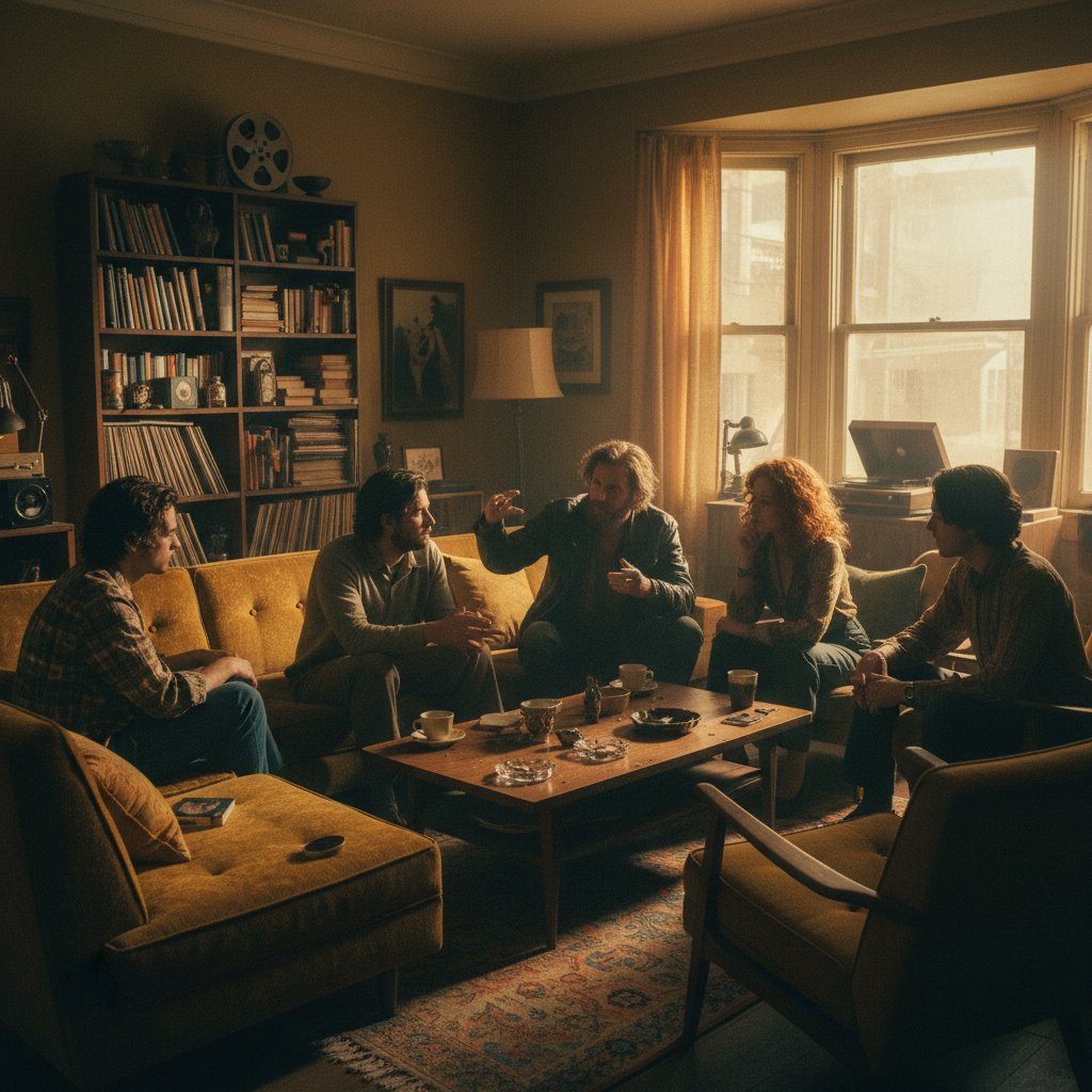 Friends in animated discussion about a Paul Thomas Anderson film, living-room, TV, 16:9