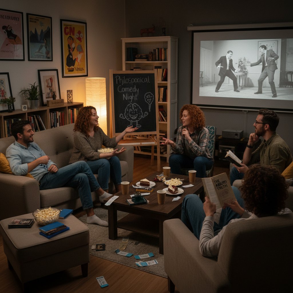 Group of friends debating a philosophical comedy movie scene in a cozy living room