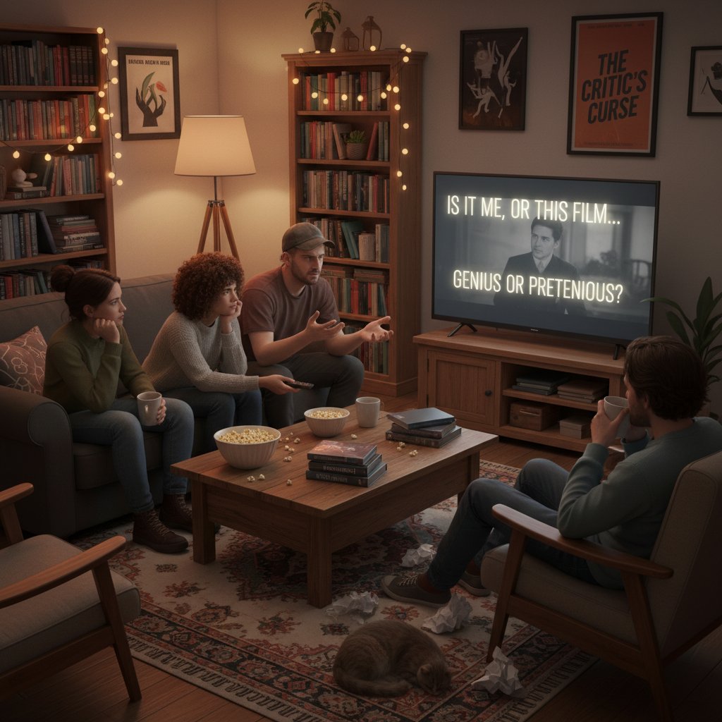 Group of friends in a living room, expressive faces, cozy lighting, discussing self-doubt movies and emotional impact