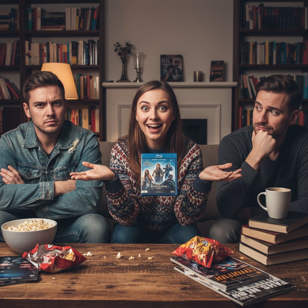 Two friends discussing movies, one skeptical and one enthusiastic, highlighting the challenge of recommending dark comedy movies