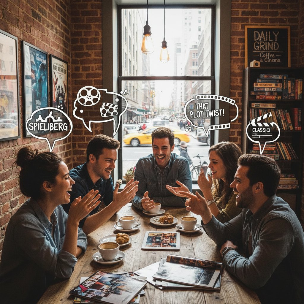 Friends passionately discussing movies over coffee in a cozy urban café, debating forbidden love films