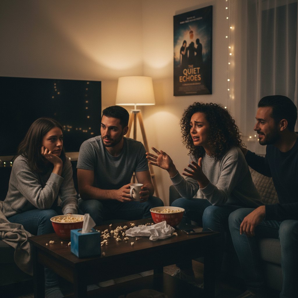 A group of friends engaged in deep discussion after watching a powerful, sincere movie at home.