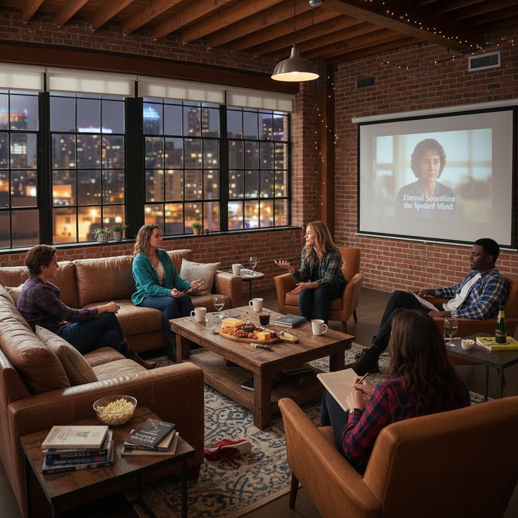 Photo of friends in animated post-movie discussion, urban loft, philosophical movies