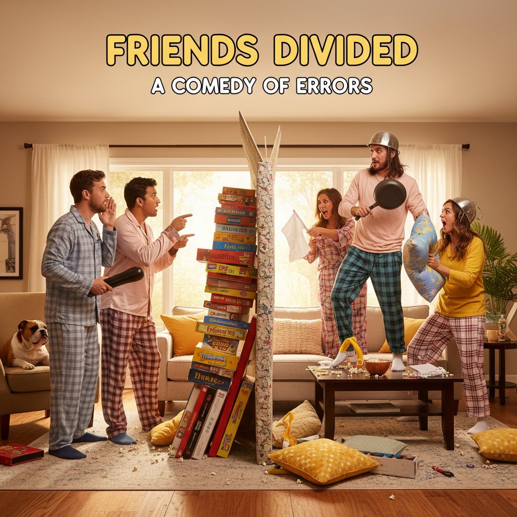 Friends divided over a comedy movie, movie wavelength comedy movies, diverse group, living room, dynamic composition