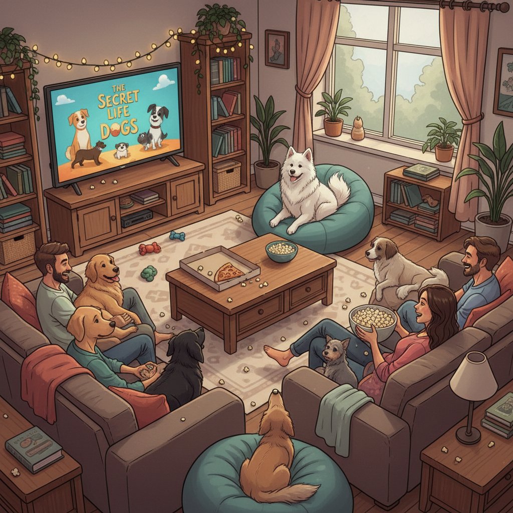 Friends and dogs cuddling with popcorn during a late-night marathon, dog movie marathon at home