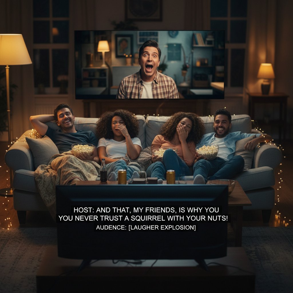 Friends enjoying comedy movie with subtitles