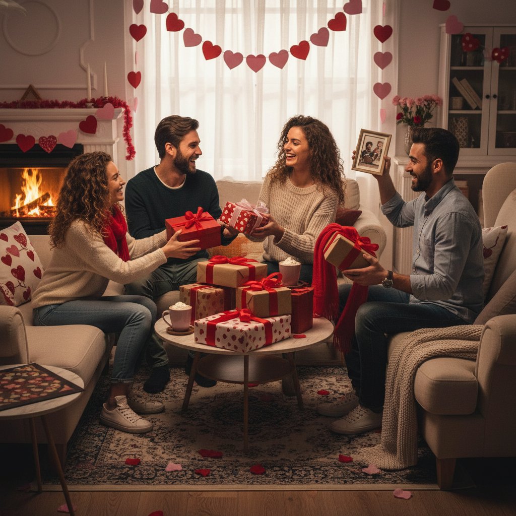 Przyjaciele wymieniający się prezentami na walentynki, ciepła domowa atmosfera