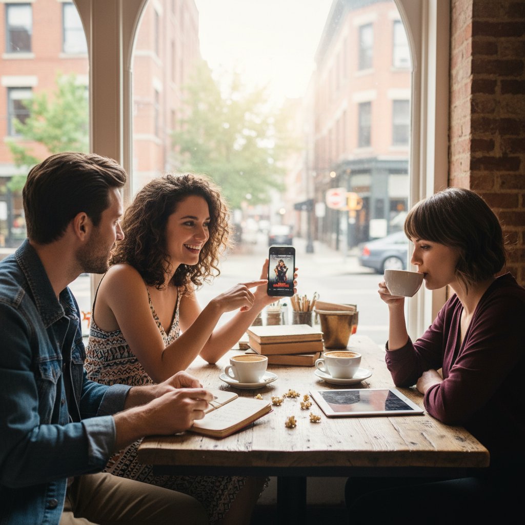Two friends exchanging movie recommendations on their phones in a city café, candid lifestyle, natural daylight, 16:9