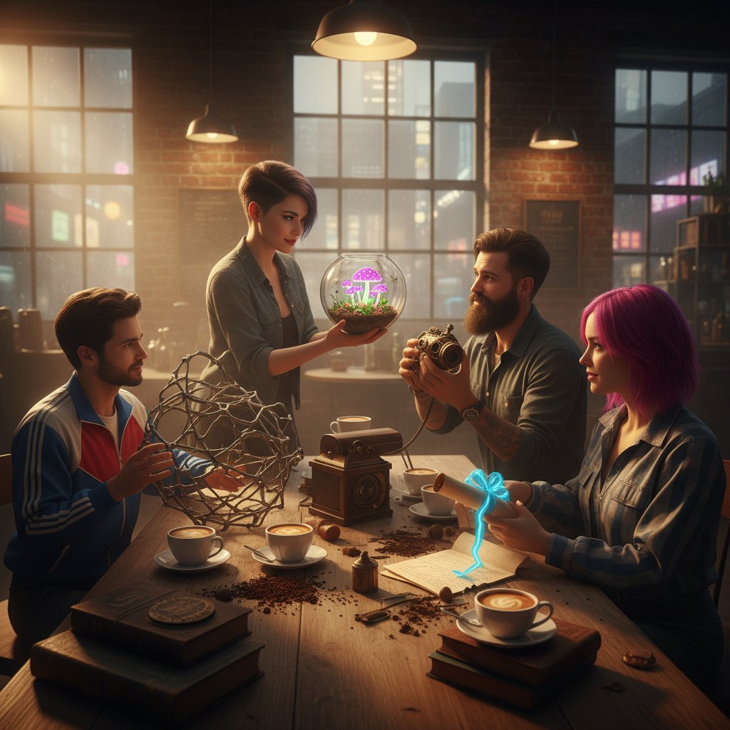 Przyjaciele wymieniający się nietuzinkowym prezentem w kawiarni, atmosfera zaskoczenia i bliskości
