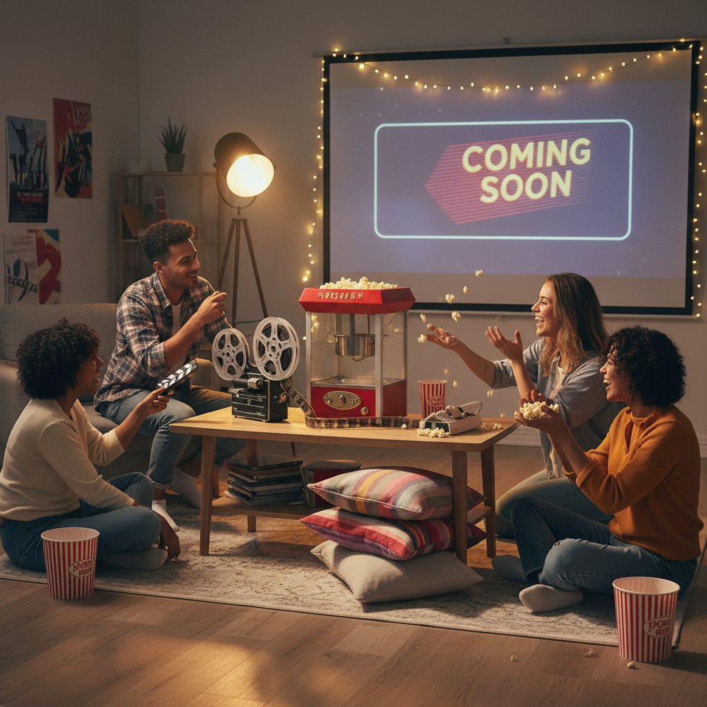 Group preparing for transformative movie night, symbolic objects, movie spiritual journey