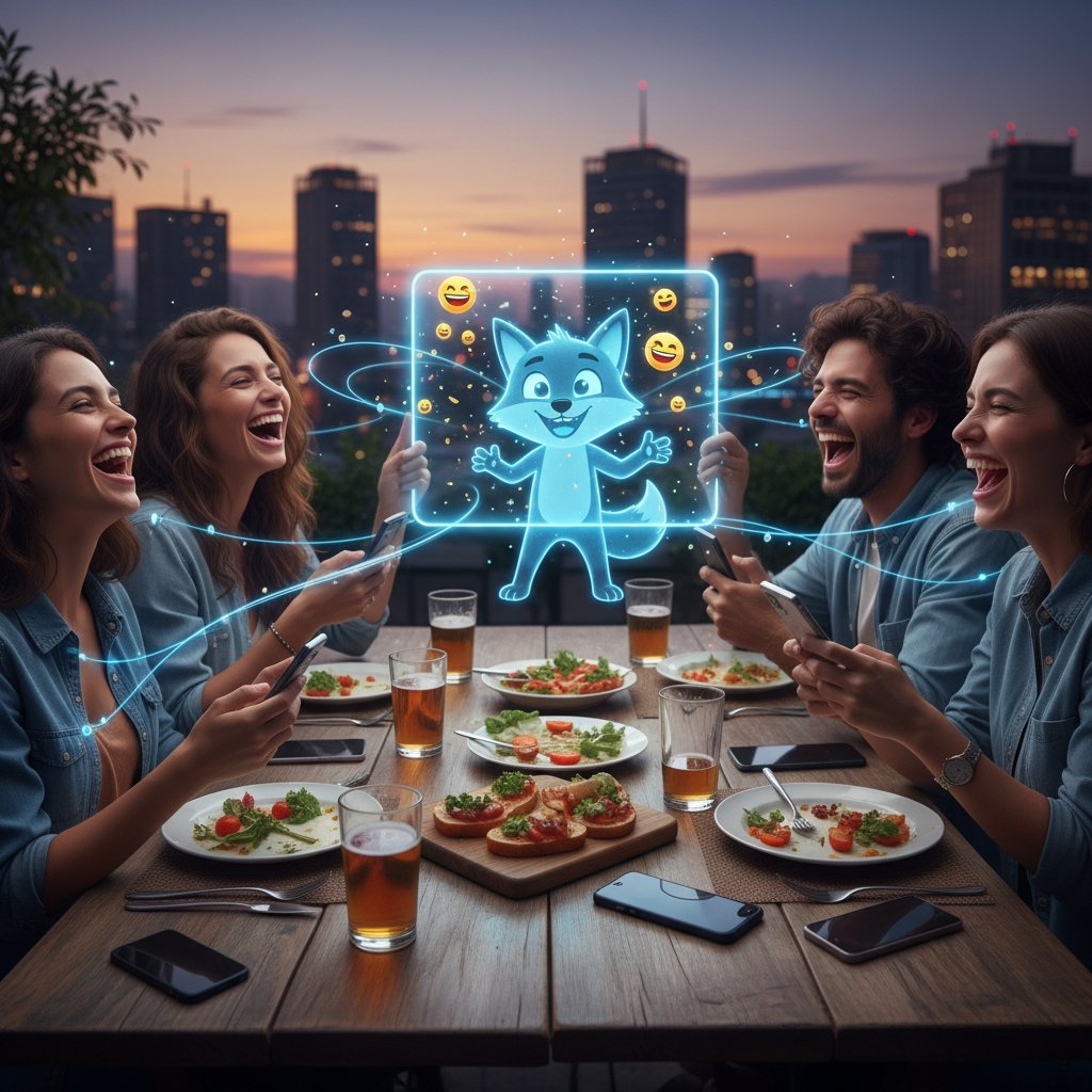 Grupa przyjaciół śmieje się przy stoliku, jeden z nich pokazuje coś na telefonie; motyw wspólnej zabawy z kumplem online