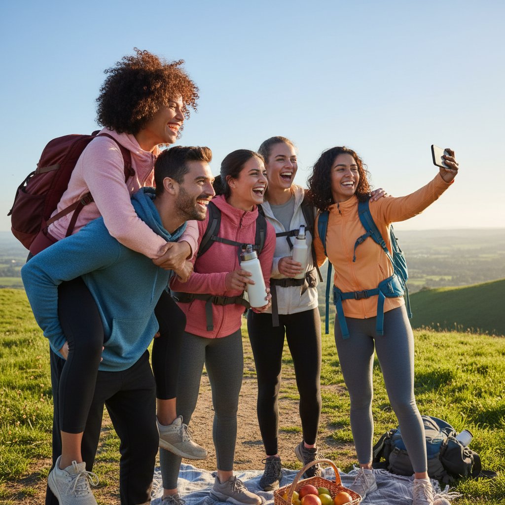 Grupa przyjaciół wspólnie spędzających czas, zdrowe i wspierające relacje