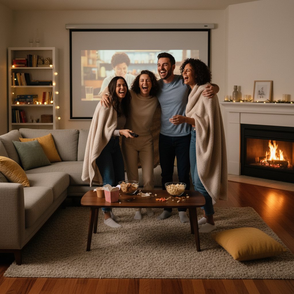 Group of friends hugging and laughing after a movie night in a cozy living room, cinematic, soft lighting, 16:9