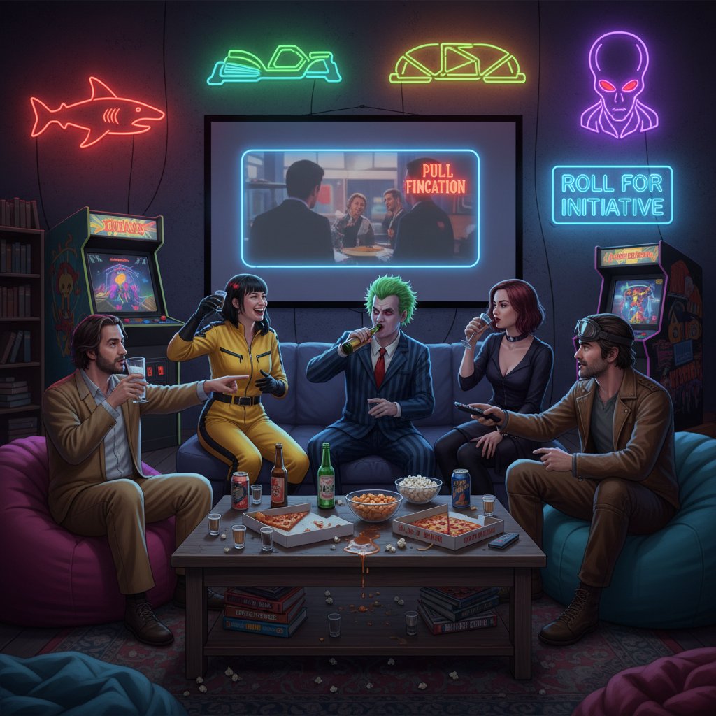 Friends in costumes, themed snacks, and neon lights during a movie drinking game night for cult classics