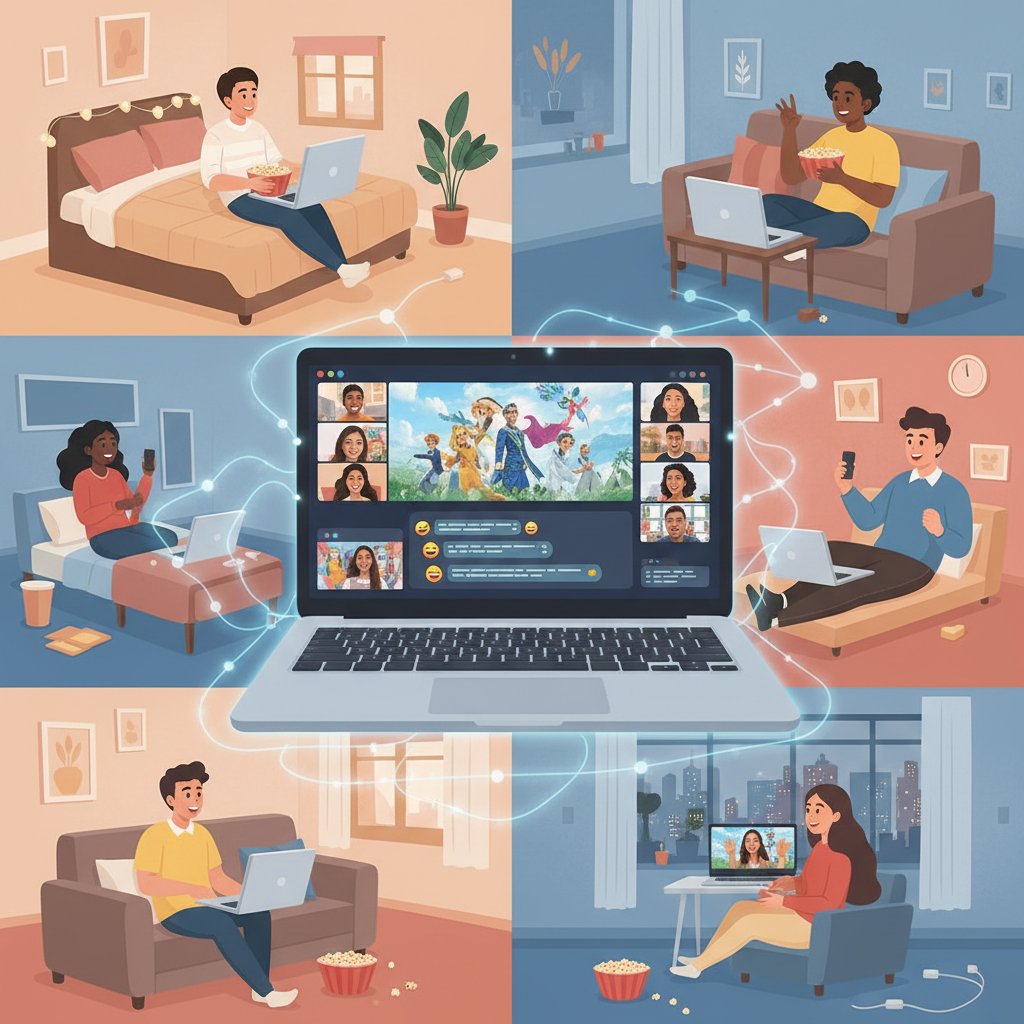 Friends on laptops and phones at virtual movie watch party, multiple devices, digital connection, movie night