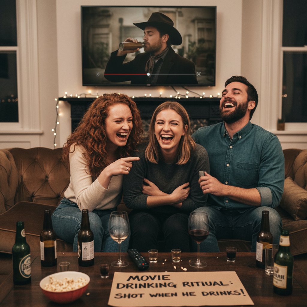 Close-up of friends sharing a laugh during a movie drinking game, focus on connection and ritual