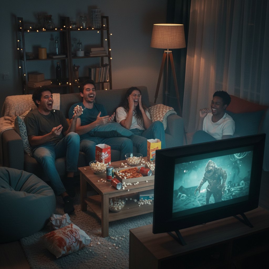 Friends in living room laughing during bad movie night with popcorn