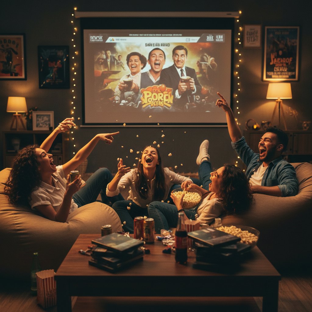 Close-up of friends laughing uncontrollably at a late-night comedy movie marathon, popcorn flying