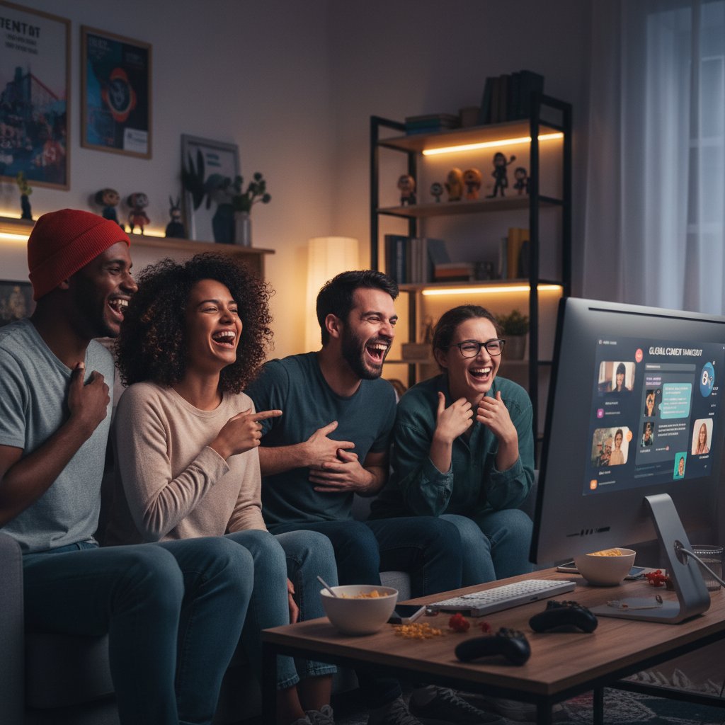 Grupa znajomych śmiejących się razem przed komputerem, tworzących więzi online