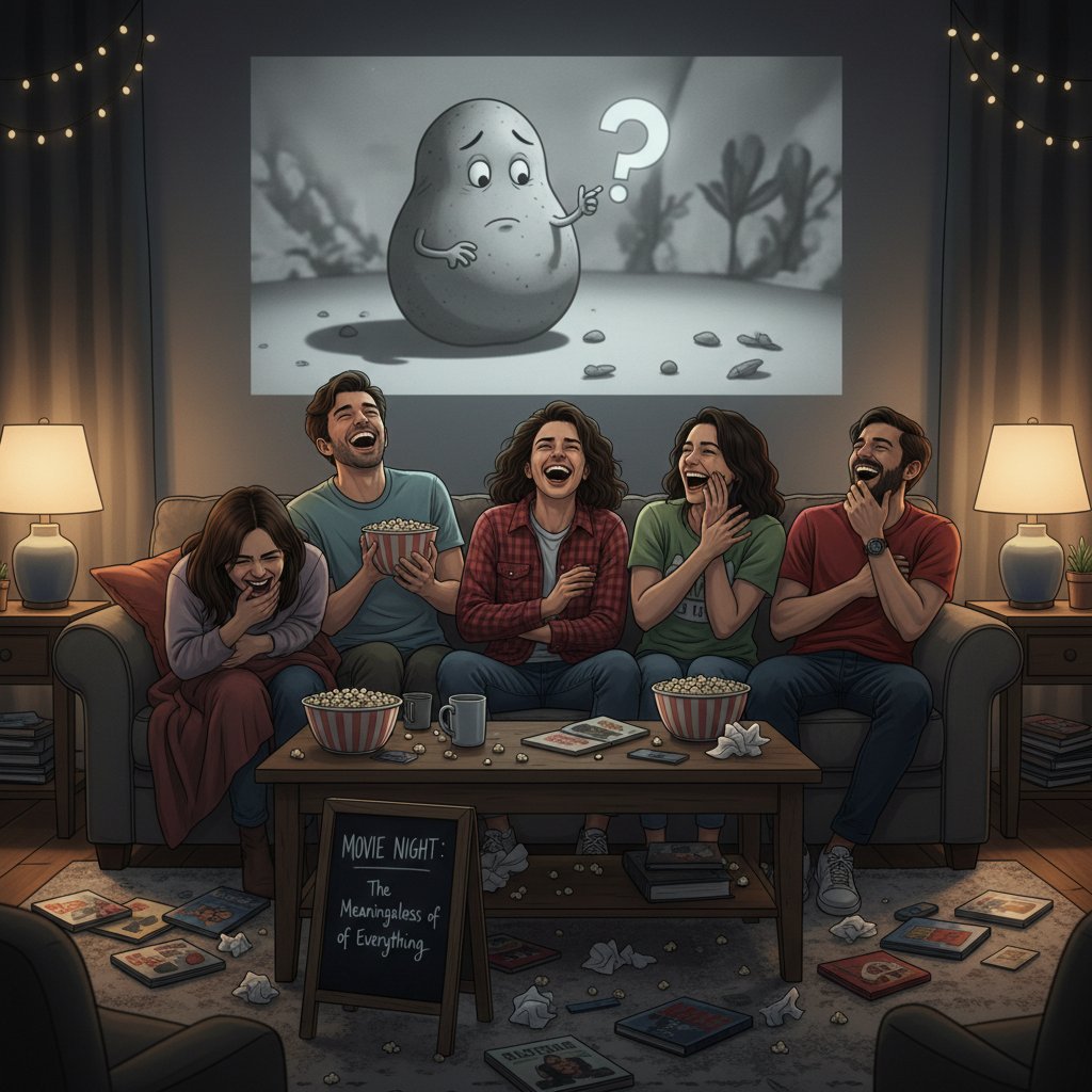 Group of friends laughing during existential comedy movie night, cathartic mood